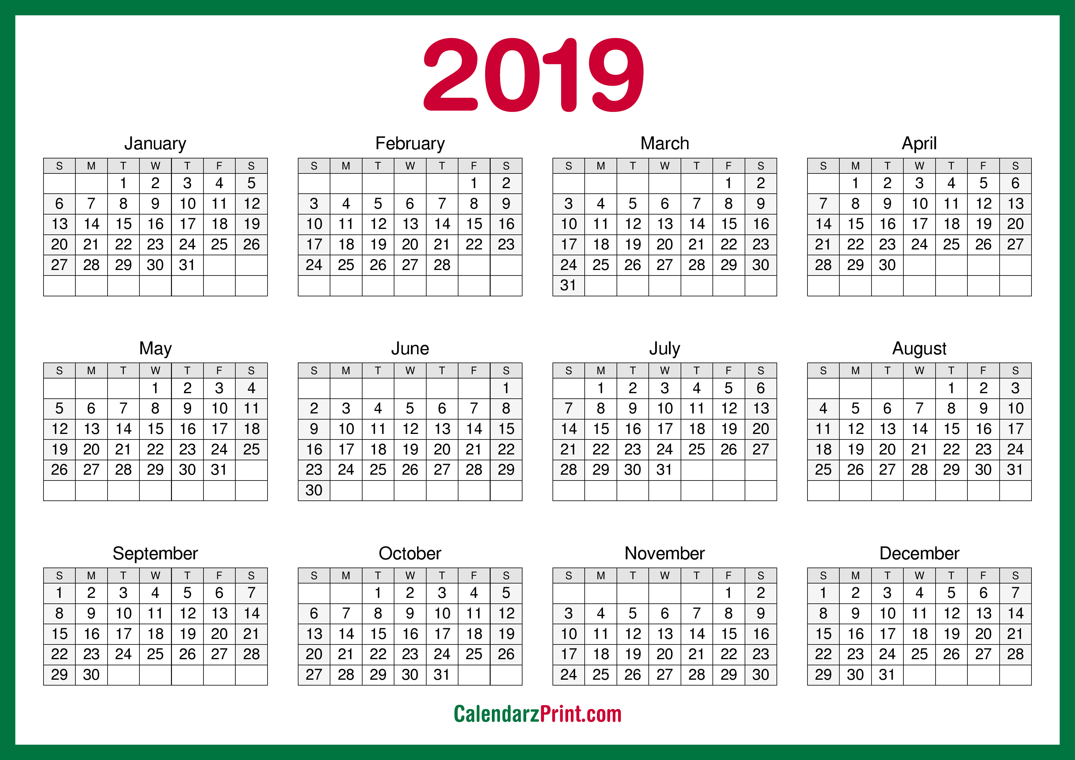 Printable 2019 Calendar Free Hd Green Calendarzprint Free