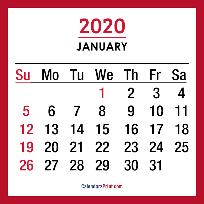 2020 Monthly Calendars Printable Free Sunday Start Red