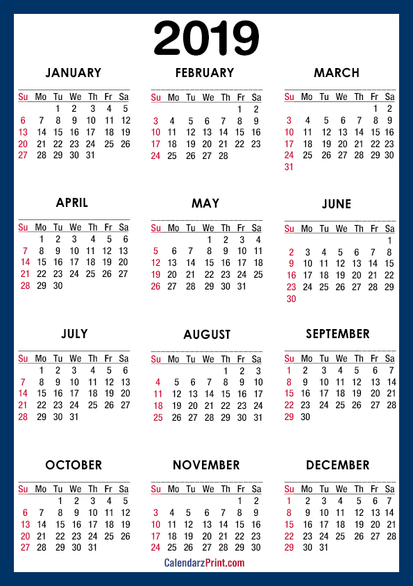 2019 Calendar Printable Free A4 Paper Size Blue Sunday Start