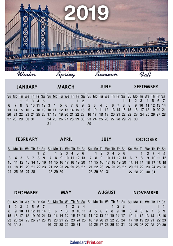 2019 Calendar, A4 Paper Size, Printable Free, New York Calendars
