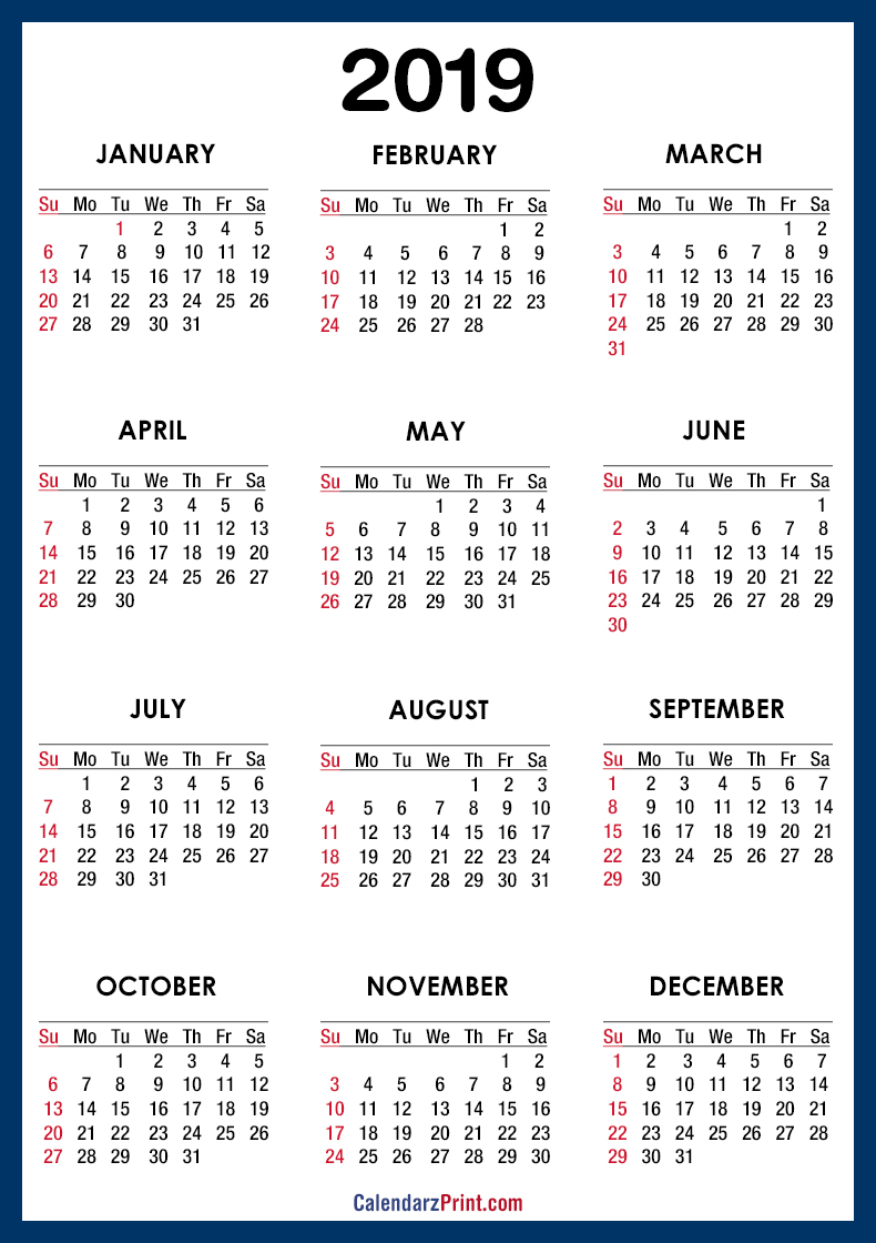 2019 Calendar Printable Free Blue Sunday Start Calendarzprint