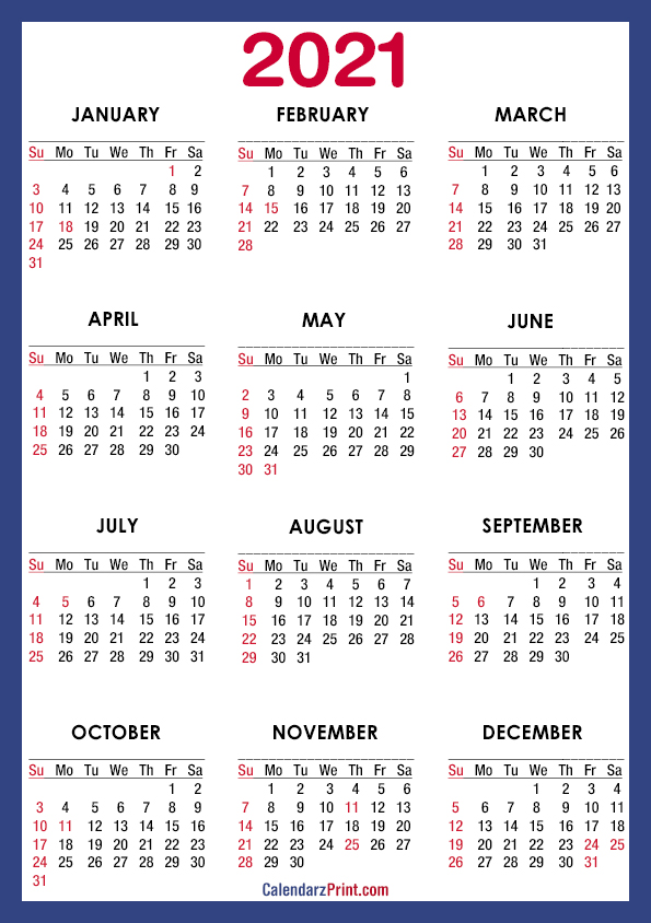 2021 Calendar Printable Free With Usa Holidays A4 Paper Size