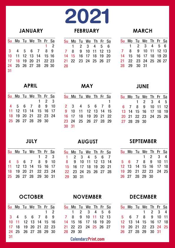 2021 Calendar Printable Free With Usa Holidays A4 Paper Size Red