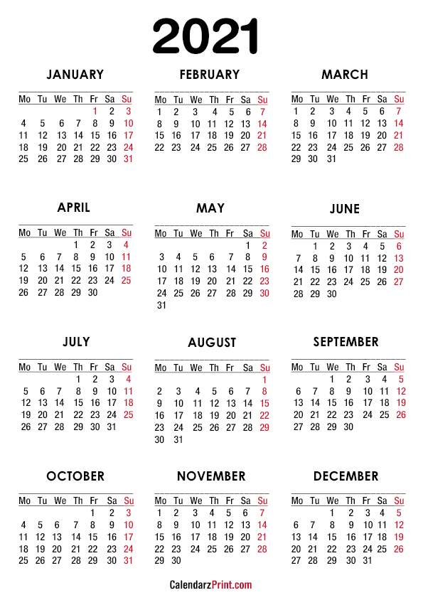 2021 Calendar A4 Paper Size Printable Free White Monday Start