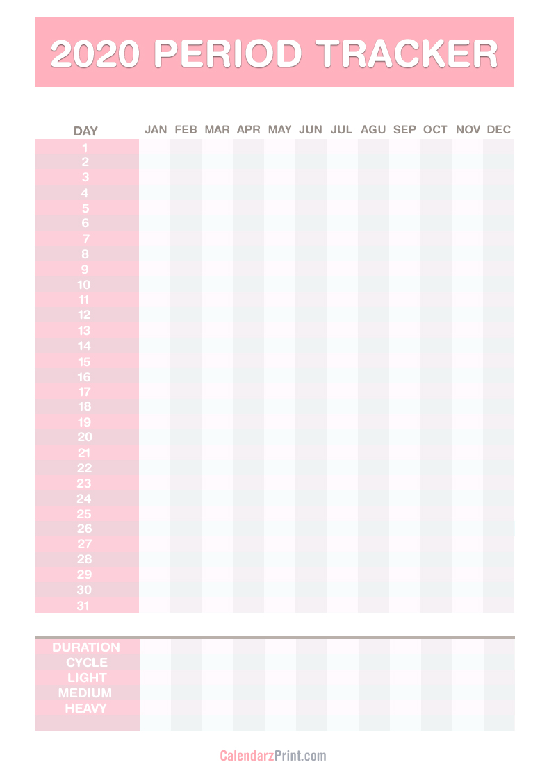 2020 Period Tracker Calendar Free Printable Pdf Red