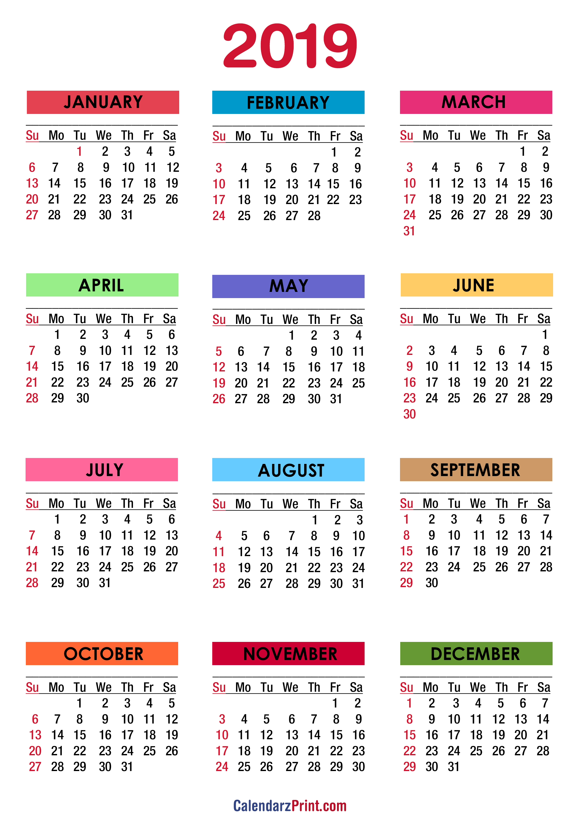 2019 Calendar Colorful White Hd Ss 001 Calendarzprint Free