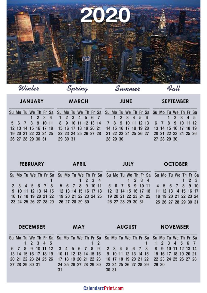 2020 Calendar – Printable Free – New York Calendars – Sunday Start