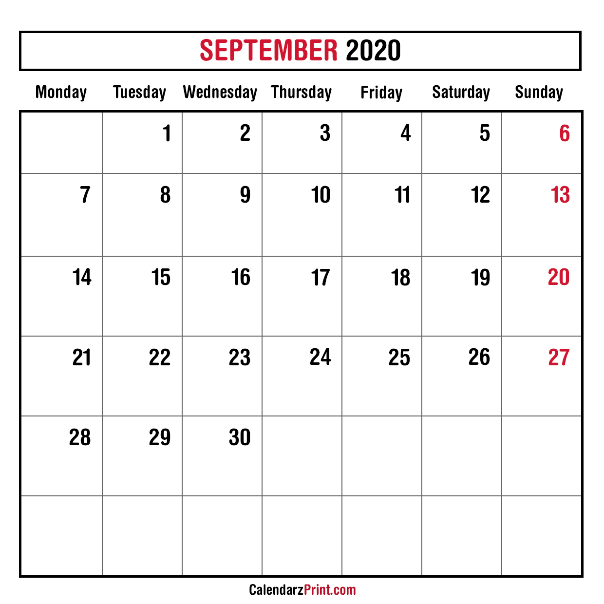 September 2020 Monthly Planner Calendar – Printable Free – Monday Start – CalendarzPrint | Free ...