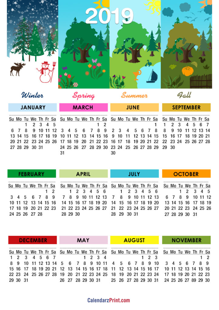 2019 Calendar 4 Seasons Calendar Printable Free Sunday Start