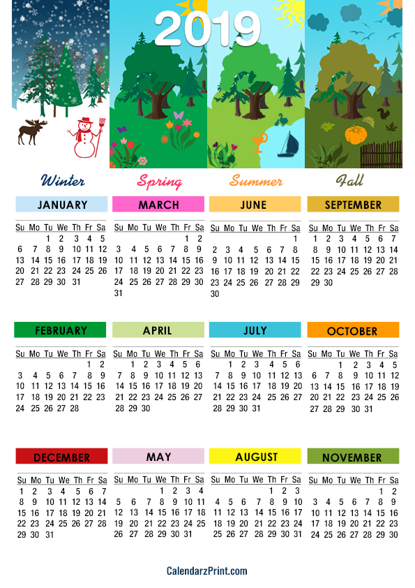2019 Calendar 4 Seasons Calendar A4 Paper Size Printable Free