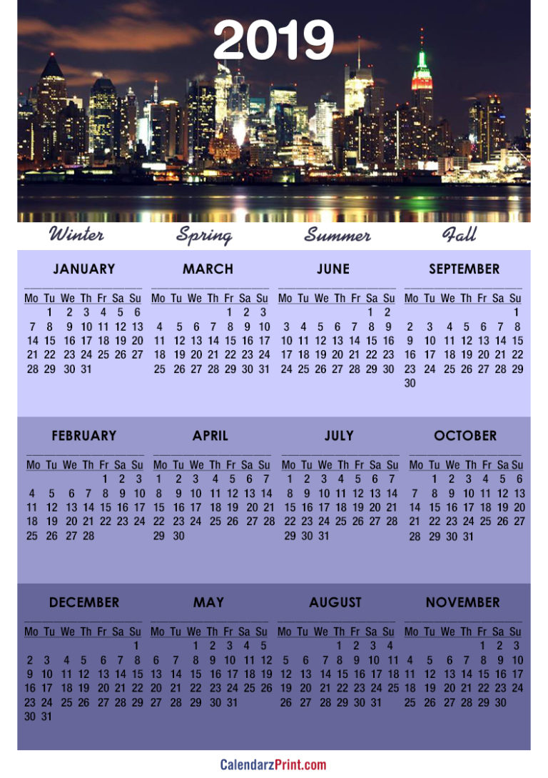 2019 Calendar, Printable Free, New York City Calendar Monday Start