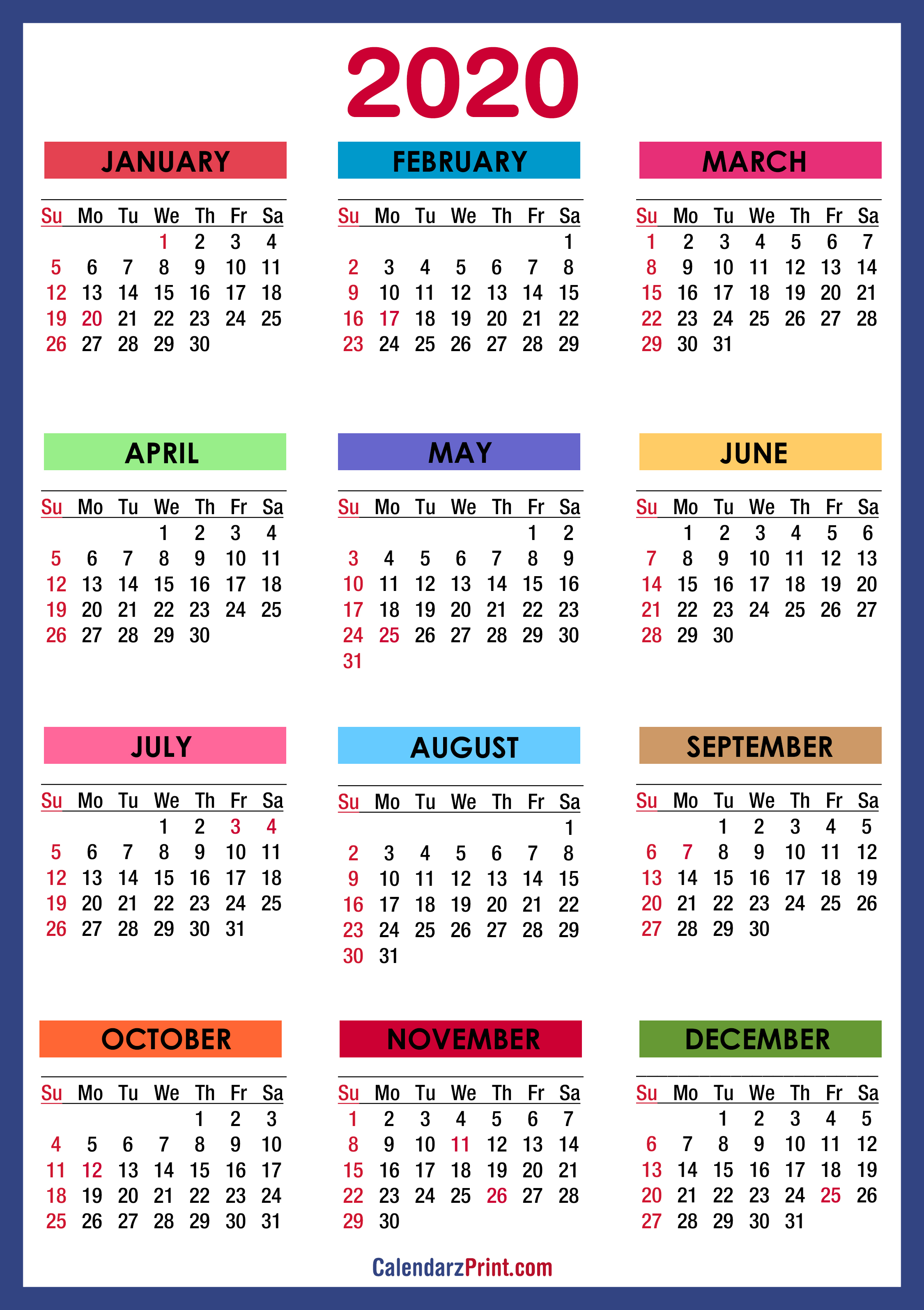 2020 Calendar With Holidays Printable Free Colorful Blue Green 