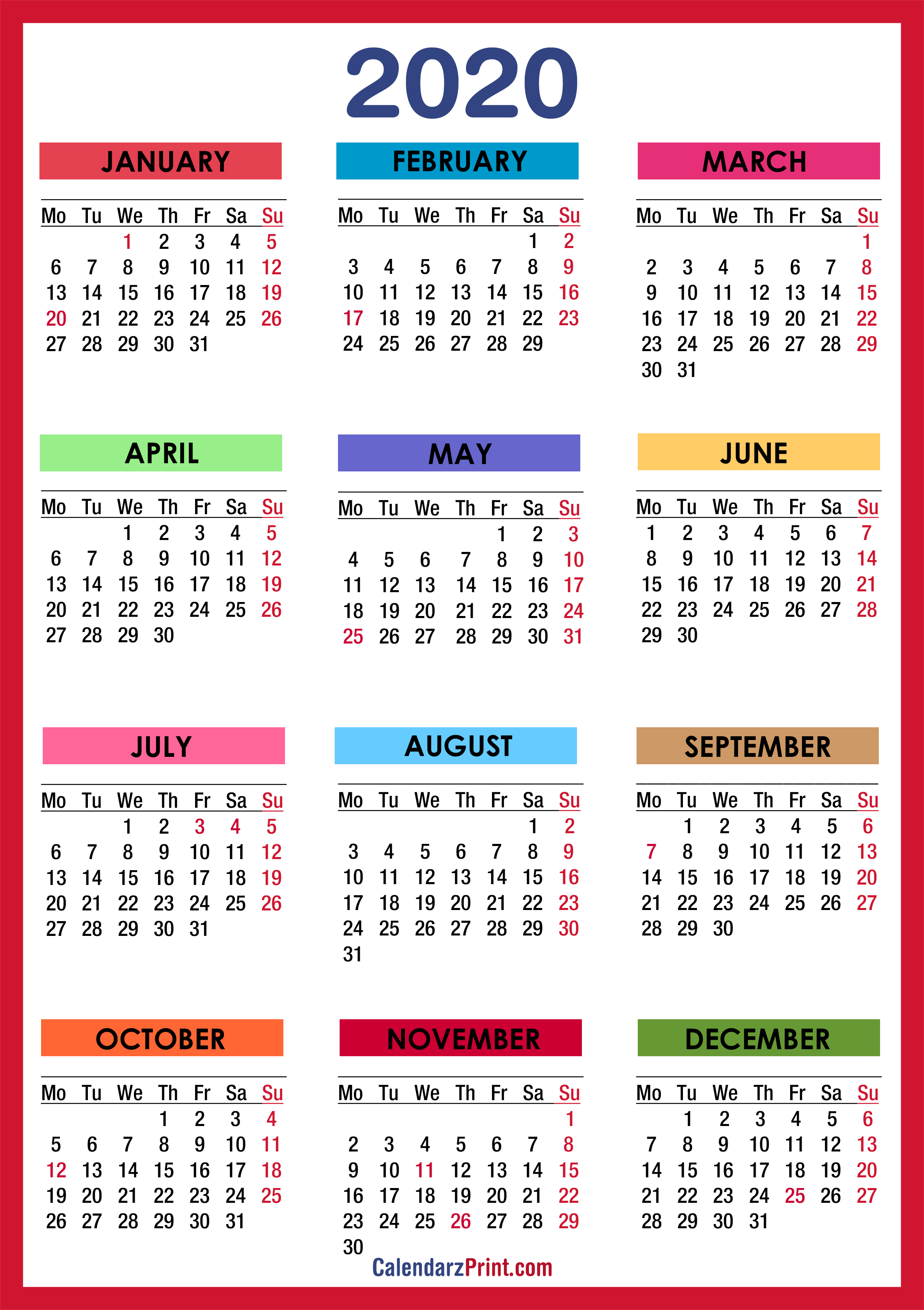 2020 Calendar with Holidays, Printable Free, Colorful, Red