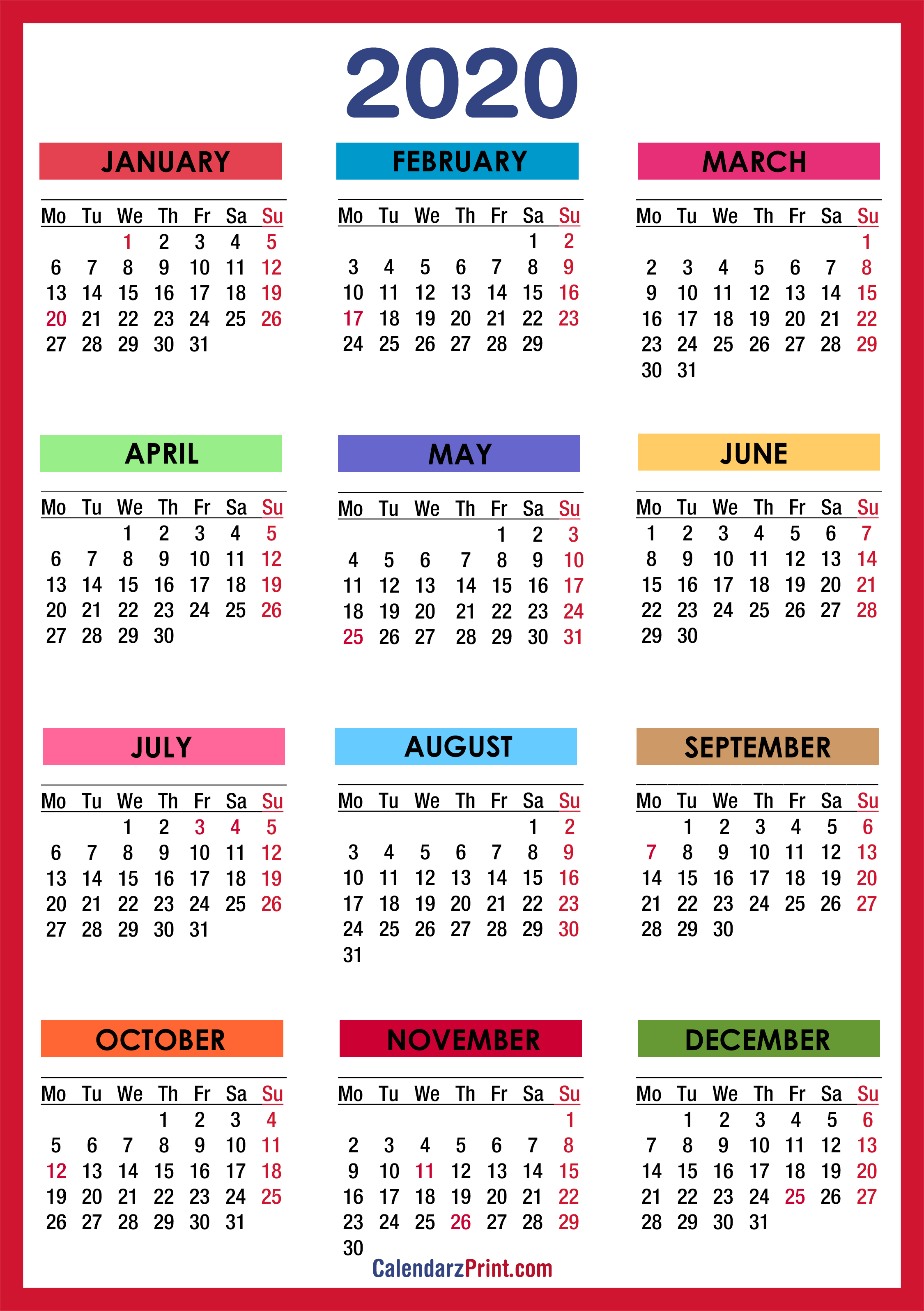 2020 Calendar With Holidays Printable Free Colorful Red Orange