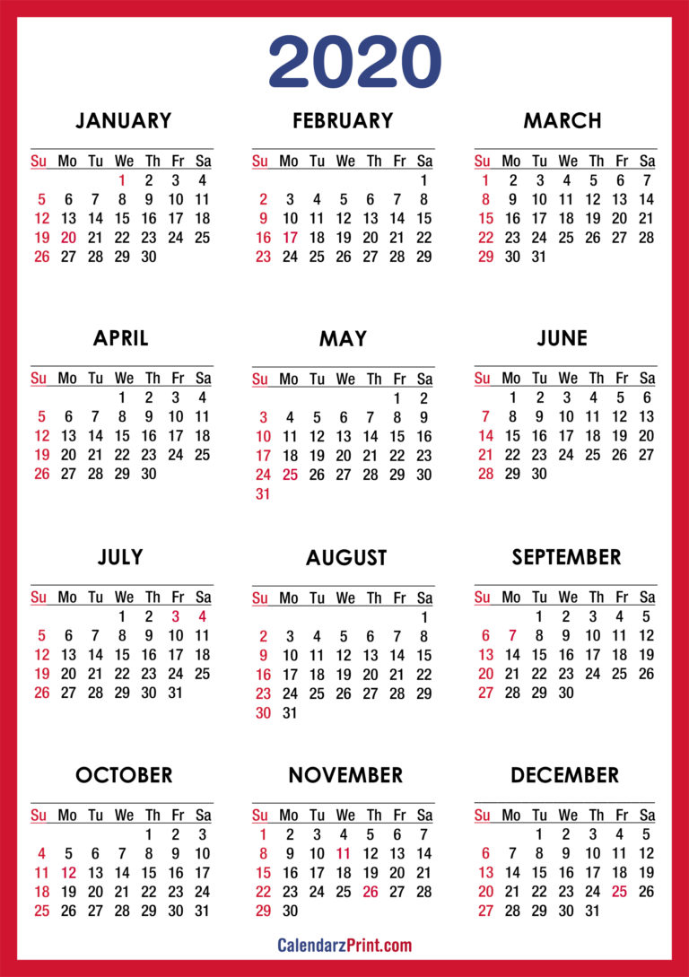 Free Printable 2020 Calendar With Holidays Hd Red Ss