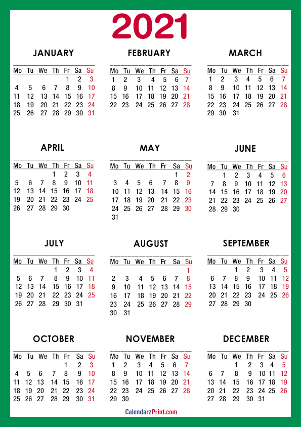 2021 Calendar, A4 Paper Size, Printable Free, Green ...