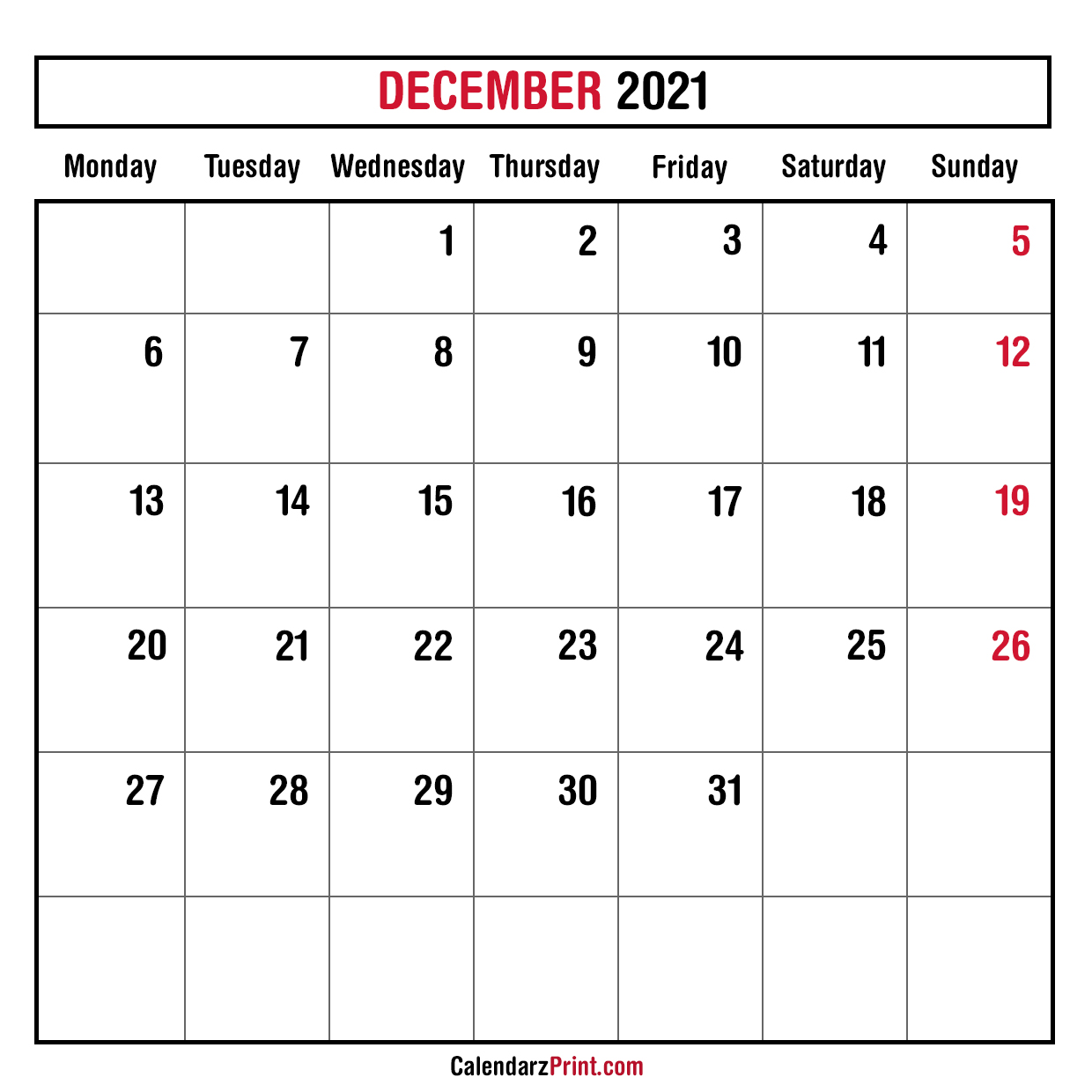 December 2021 Monthly Planner Calendar Printable Free Monday Start December 2021 Monthly Planner Calendar Printable Free Monday Start