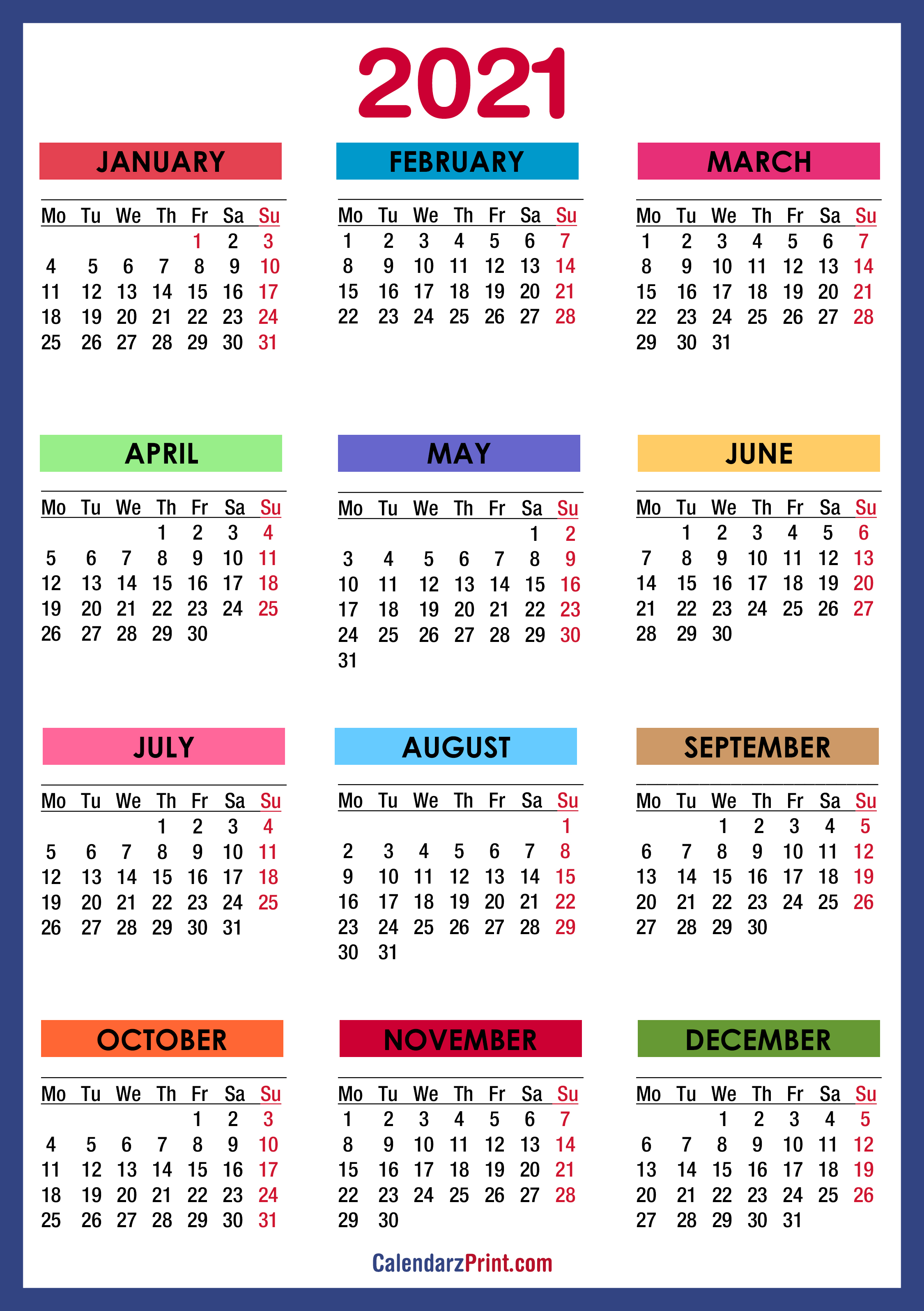 2021 Calendar Printable Free Colorful Blue Green Monday Start