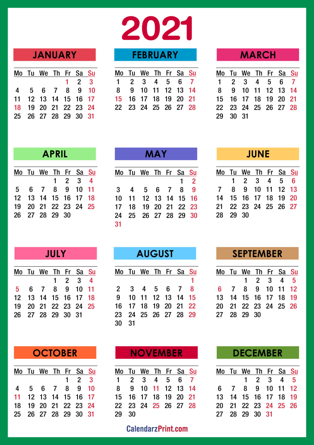 2021 Calendar with Holidays, Printable Free, Colorful, Blue, Green