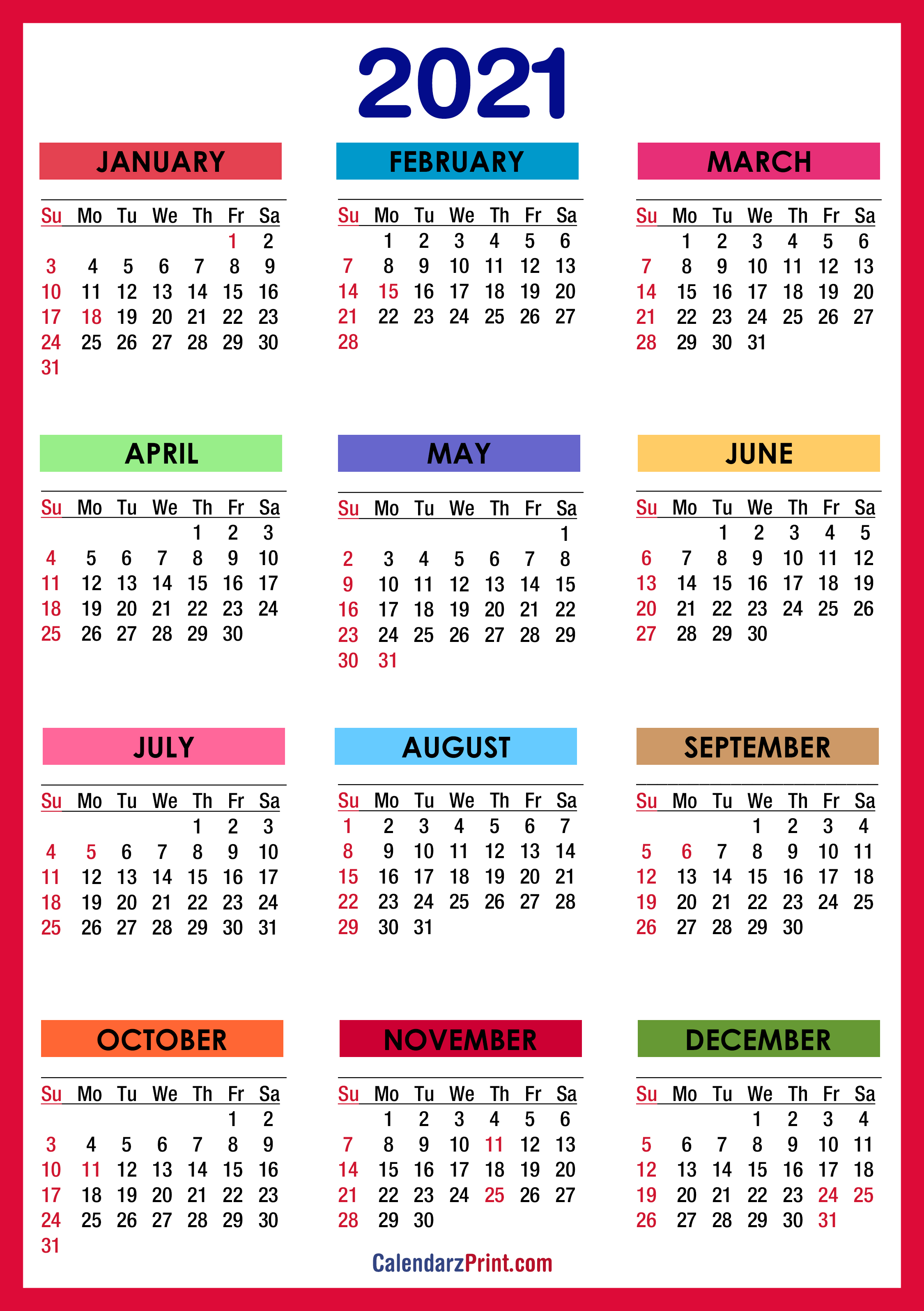 2021 Calendar With Holidays Printable Free Colorful Red Orange 2021 Calendar With Holidays Printable Free Colorful Red Orange