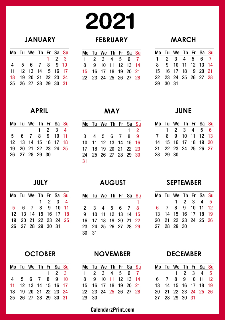 Calendar 2021 Pdf 2021 Calendar with US Holidays, PDF – Printable, Red, MS 