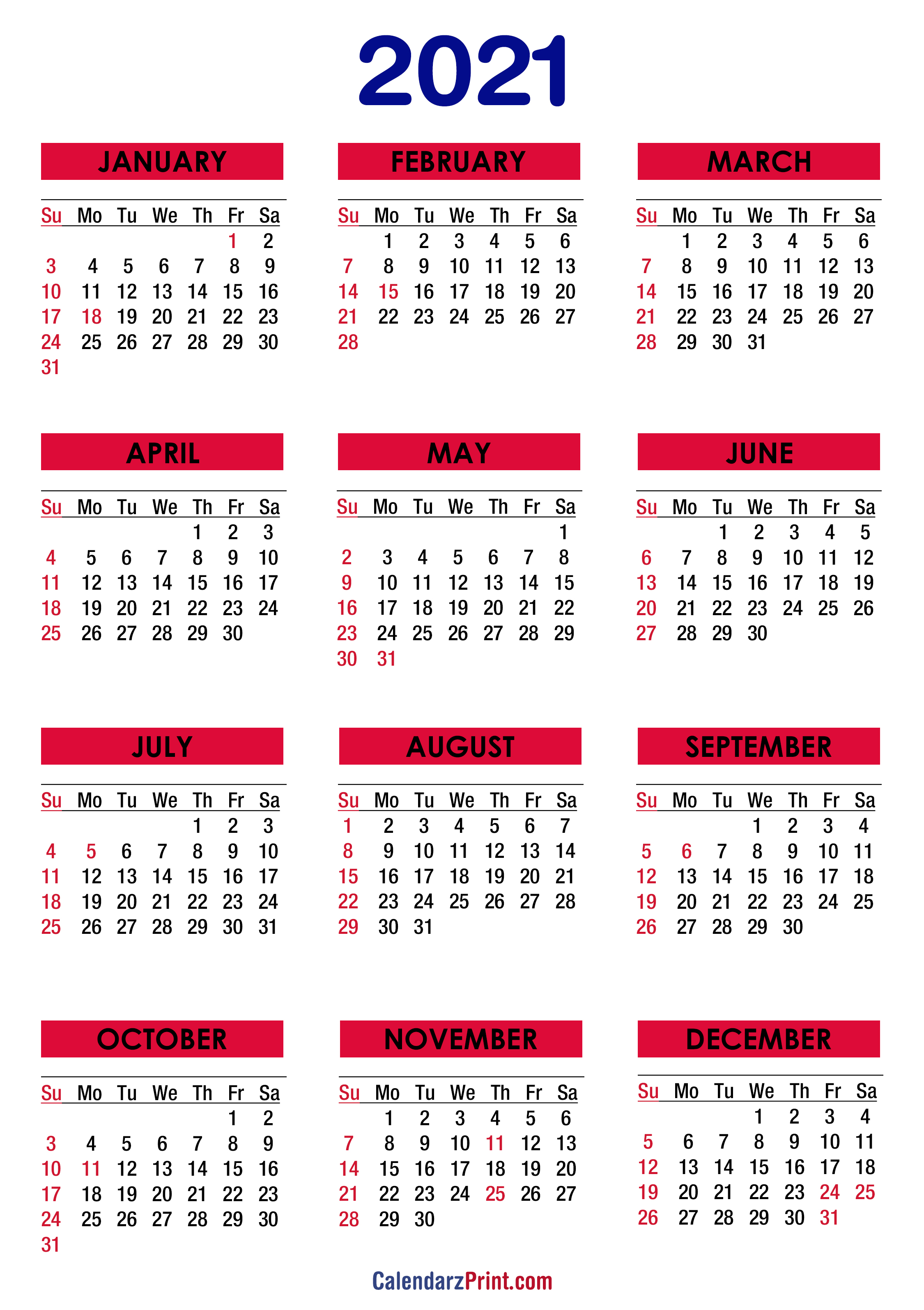 2021 Calendar With Holidays Printable Free Colorful Sunday