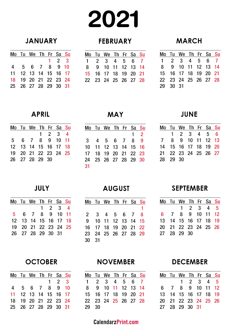 2021 Calendar Printable Free With Usa Holidays Monday Start