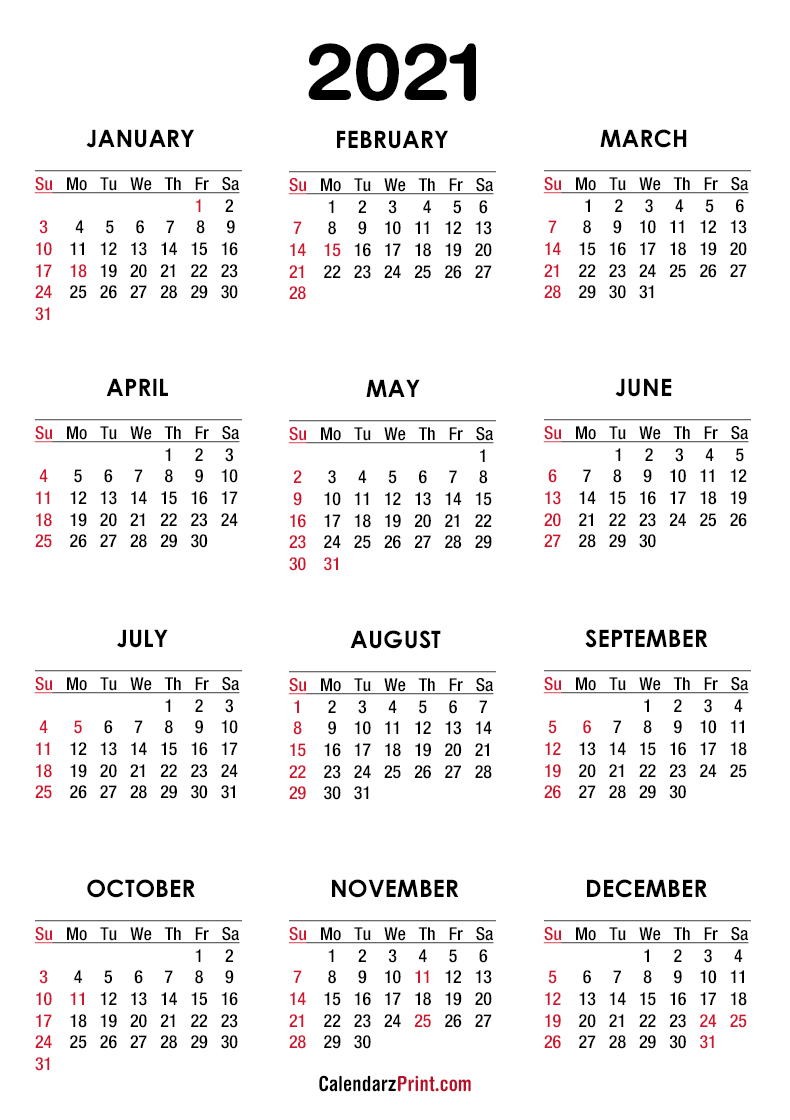 2021 Calendar With Us Holidays Pdf Printable White Ss