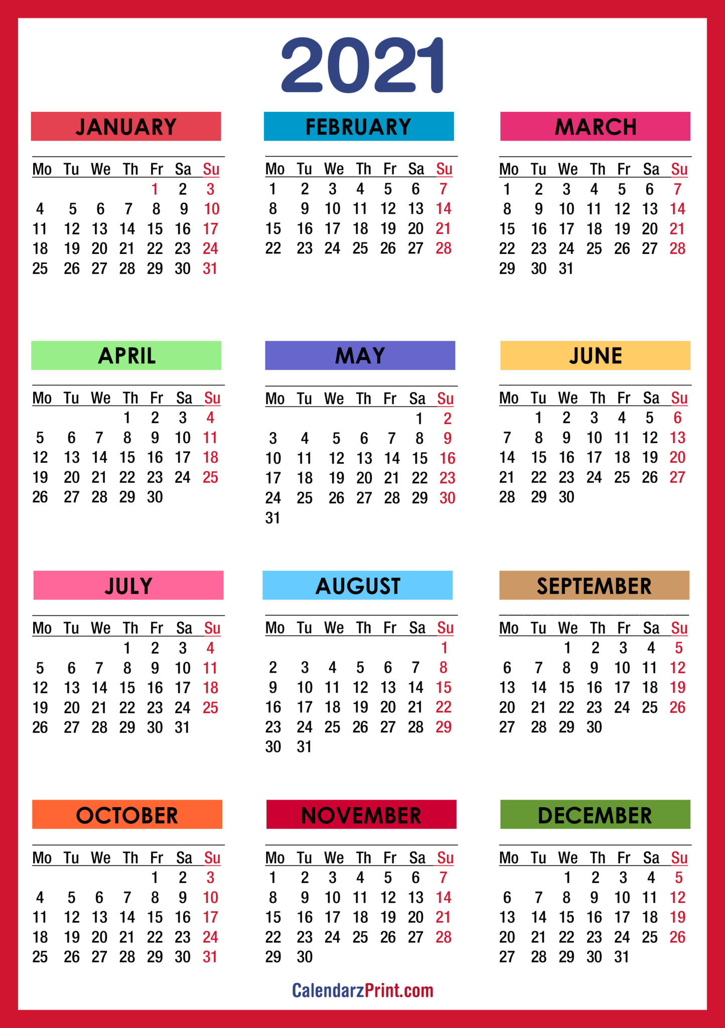 2021 Calendar Printable Free Colorful Red Orange Monday Start