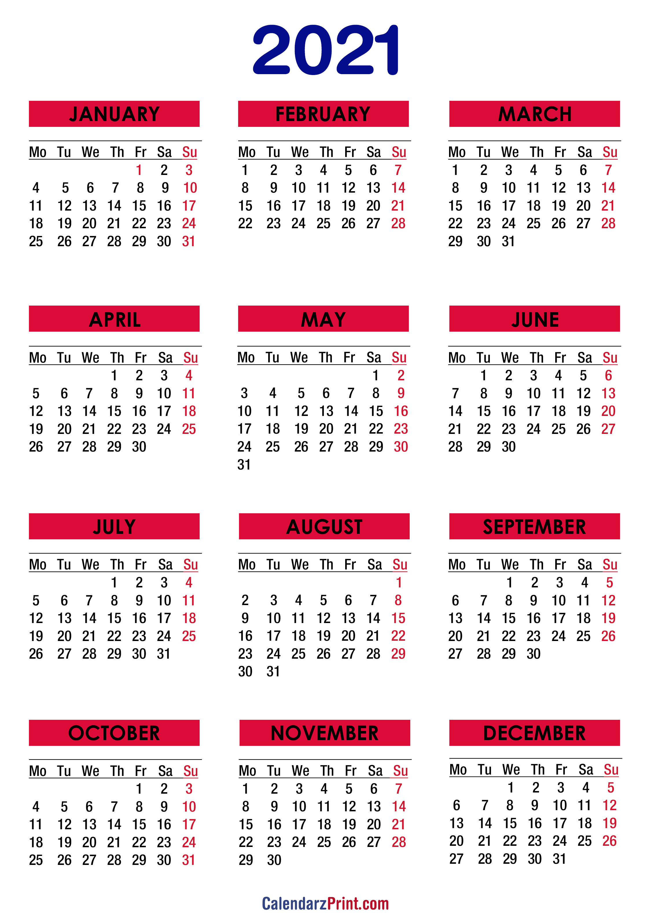2021 Calendar Printable Free Colorful Monday Start