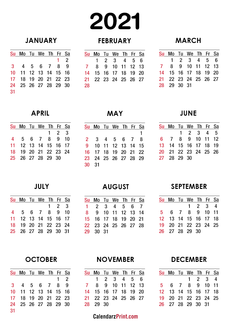2021 Calendar, Printable Free, White - Sunday Start ...