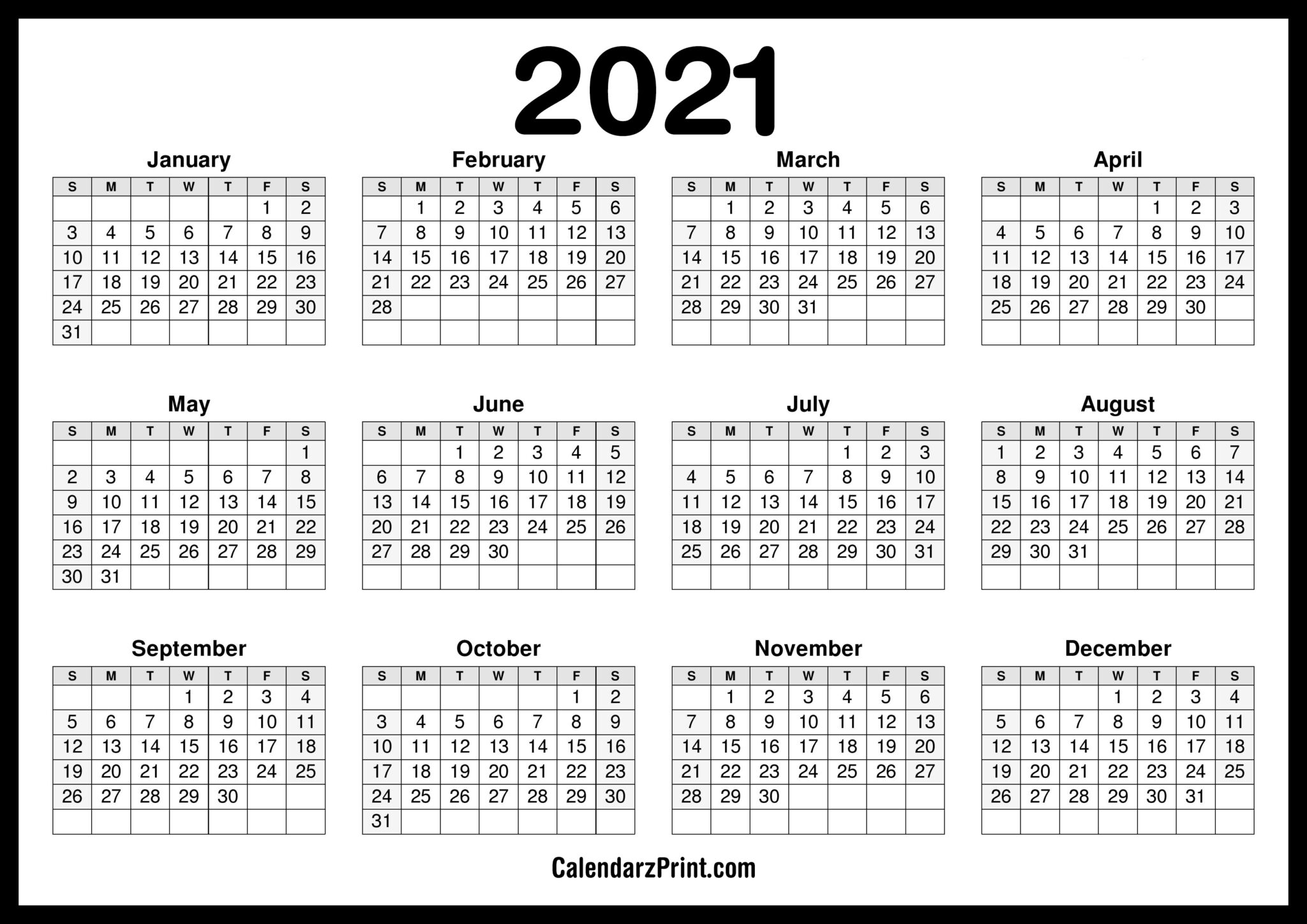 2021 Calendar Printable Free, Horizontal, HD, Black CalendarzPrint Free Calendars, Printable