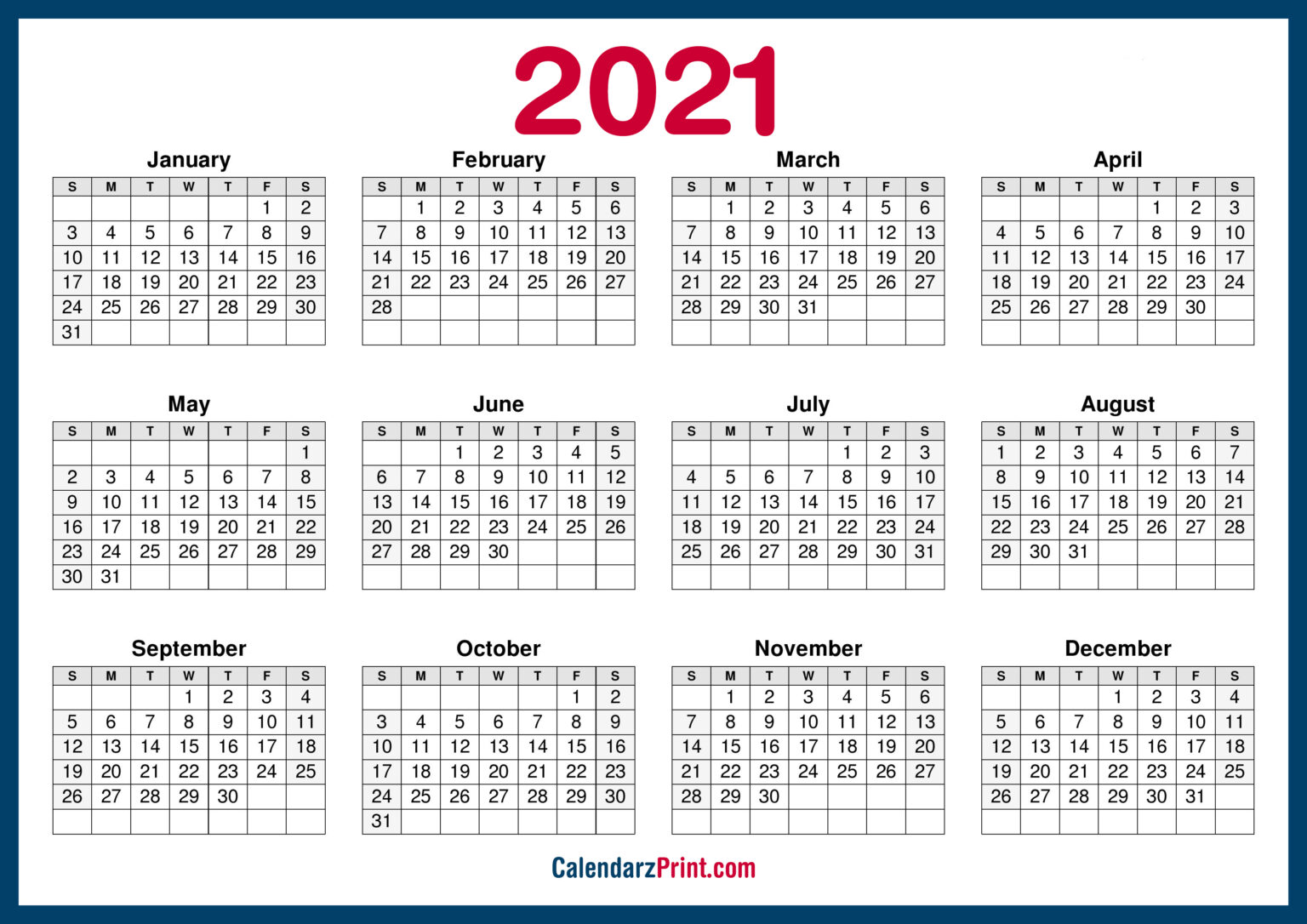 2021 Calendar Printable Free, Horizontal, HD, Navy Blue