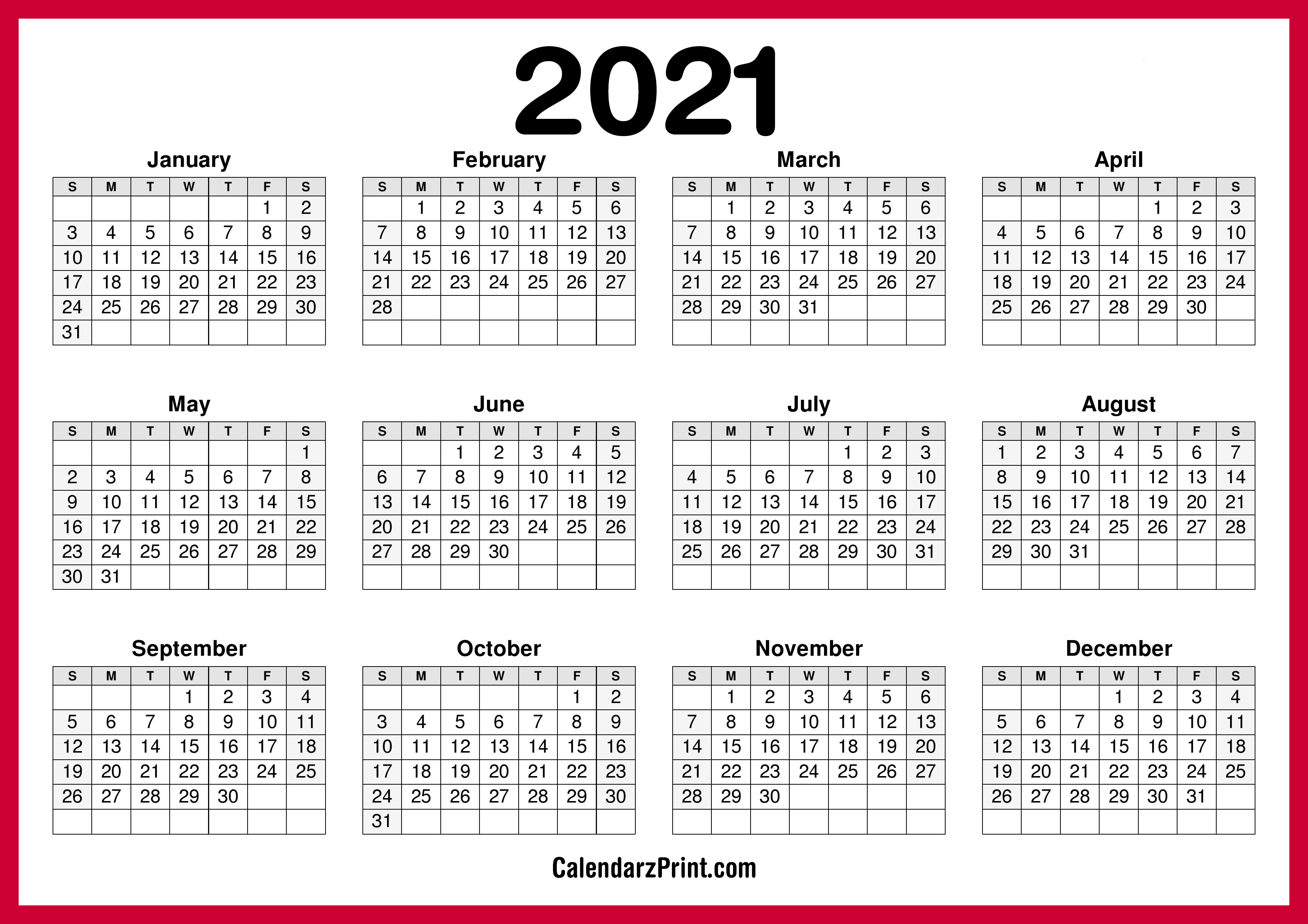 2021 Calendar Printable Free, Horizontal, HD, Red CalendarzPrint